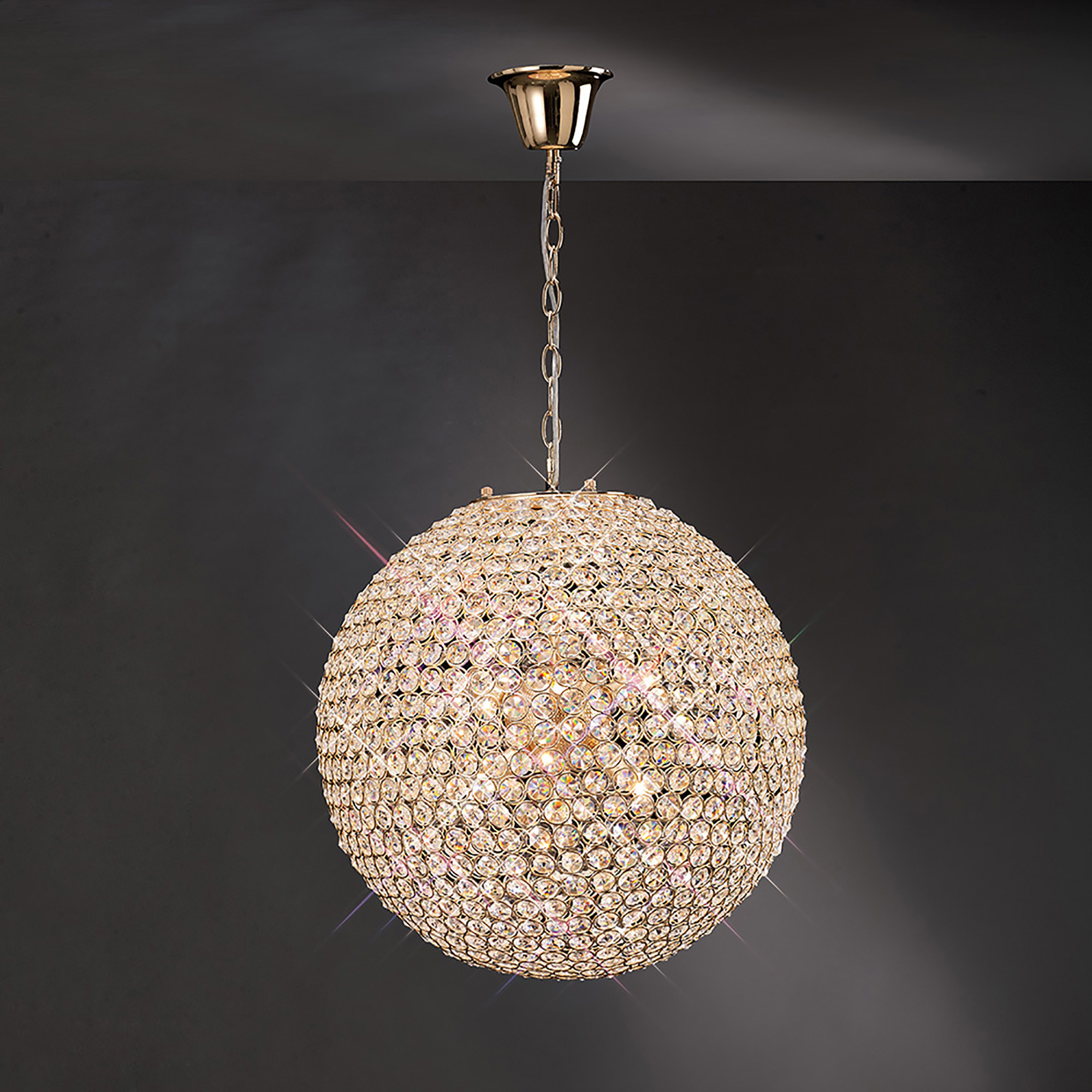 Ava French Gold Crystal Ceiling Lights Diyas Spherical Crystal Fittings